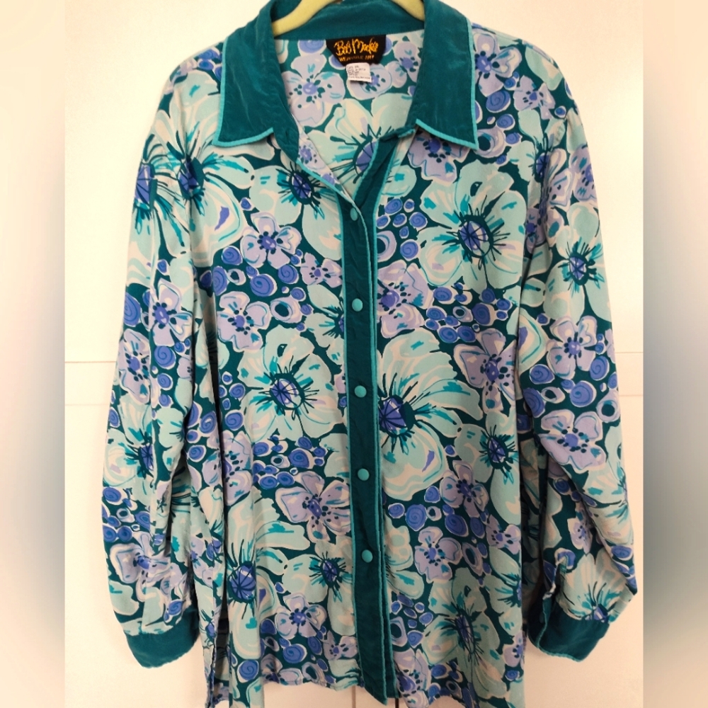 Vtg 100% Silk Blue Bob Mackie Wearable Art Funky Floral Button Up Blouse Sz 2X